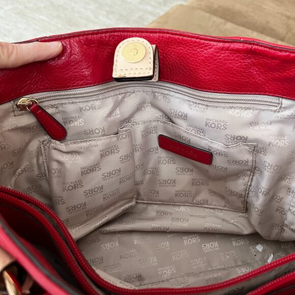 Michael Kors Cherry Red Leather Tote Bag w/tan  handles and gold hardware - Picture 4 of 9